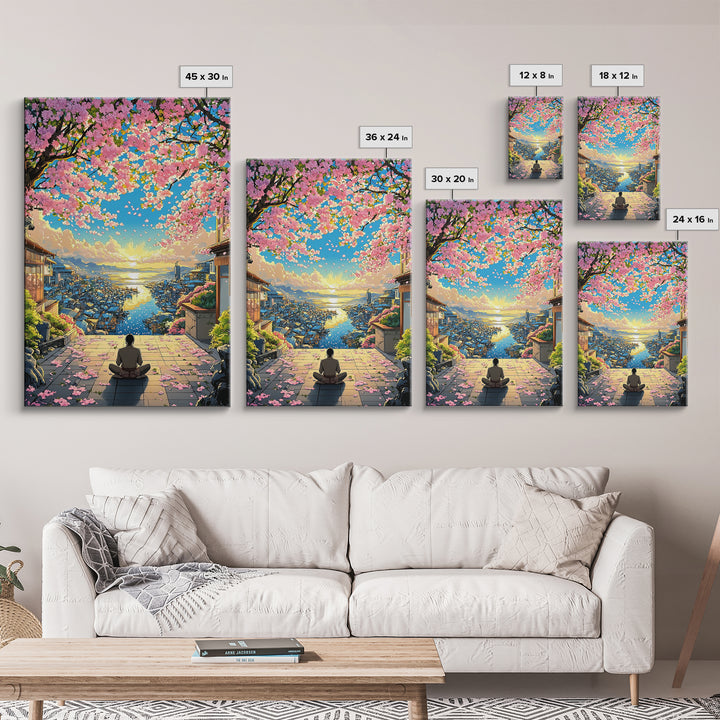 Meditation Over Cherry Blossom Harbor Wall Art, Japanese Coastal Canvas Print, Sakura Cityscape Decor, Peaceful Sunset Art