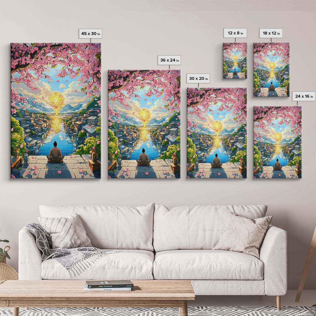 Meditating Figure Beneath Golden Tree Wall Art, Cherry Blossom Canvas Print, Japanese Canal City Decor, Spiritual Landscape