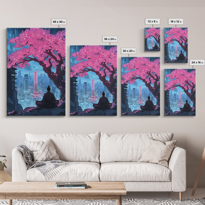 Pink Cherry Blossom Meditation City Wall Art, Cyberpunk Japanese Landscape Print, Neon Urban Decor, Zen Living Room Art Gift