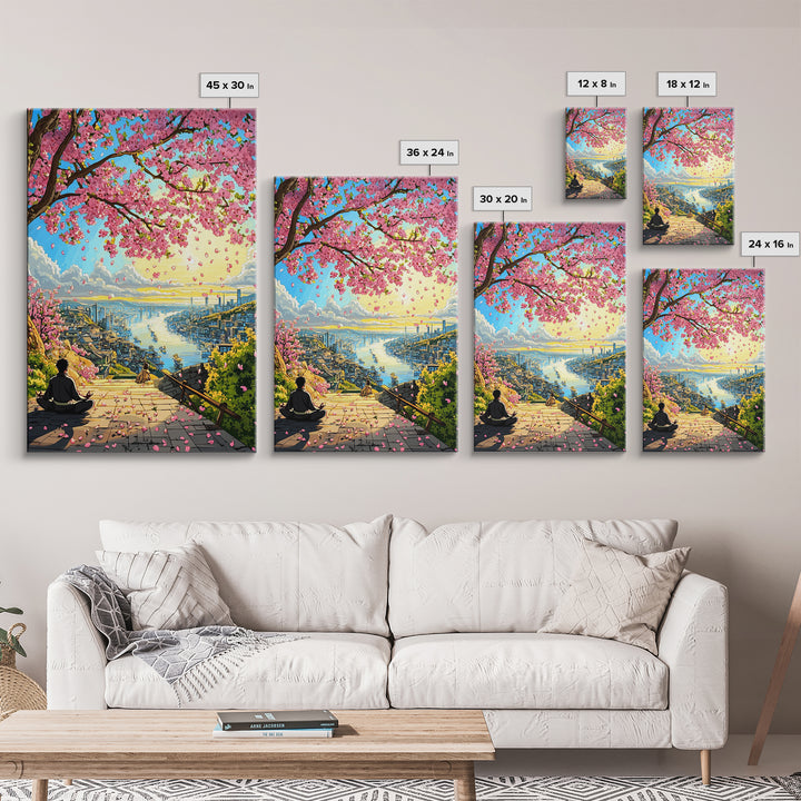 Cherry Blossom Stairway Bay Canvas Print, Japanese Coastal Landscape Art, Peaceful Zen Decor, Colorful Living Room Wall Art