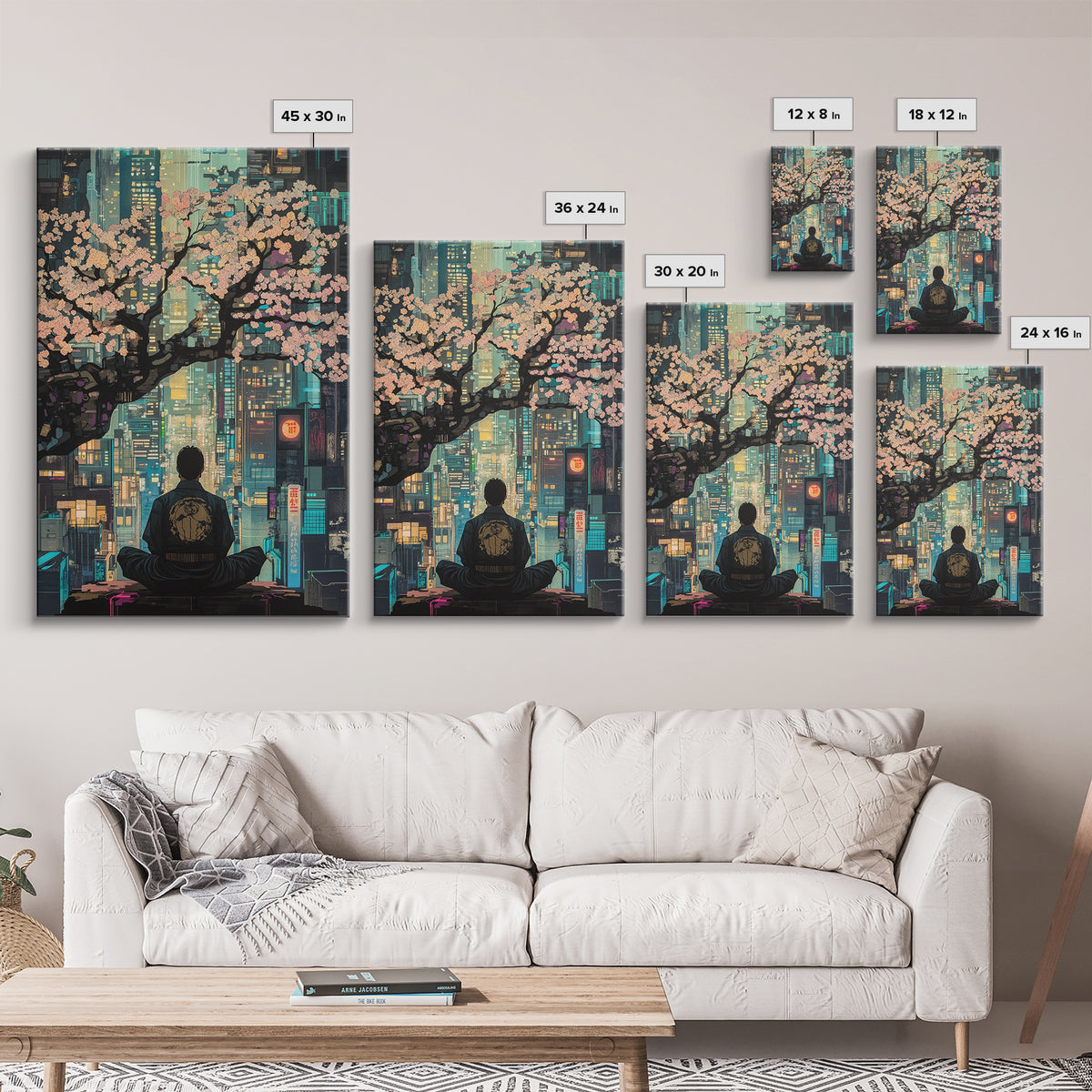 Cherry Blossoms Over Neon City Framed Canvas Print, Cyberpunk Japanese Wall Decor, Urban Zen Meditation Living Room Art Gift