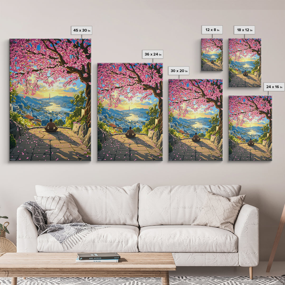 Sunset Cherry Blossom Bay Wall Art, Japanese Landscape Painting, Zen Meditation Decor, Colorful Coastal Living Room Print