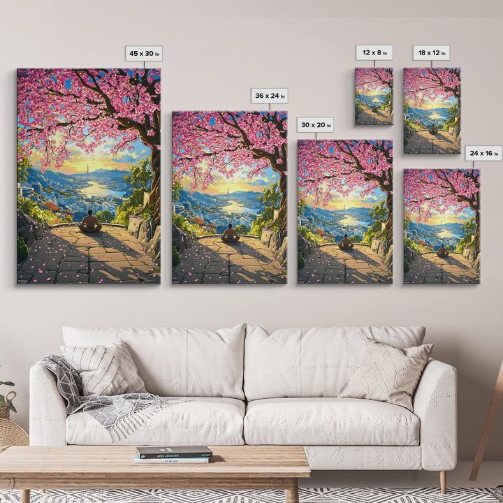 Sunset Cherry Blossom Bay Wall Art, Japanese Landscape Painting, Zen Meditation Decor, Colorful Coastal Living Room Print