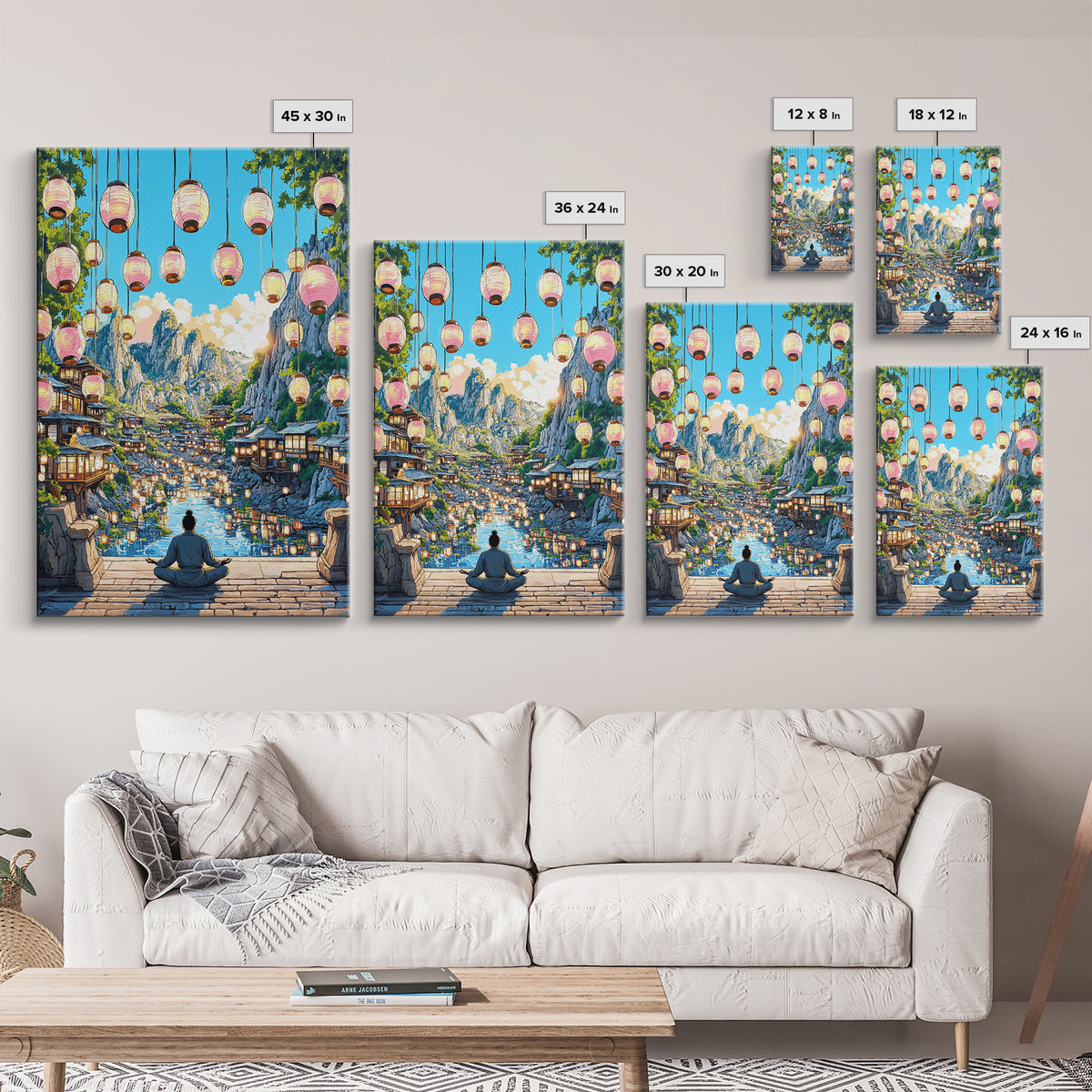Lantern Mountain Village Canvas Print, Japanese Fantasy Landscape Art, Glowing River Decor, Zen Living Room Wall Art Gift