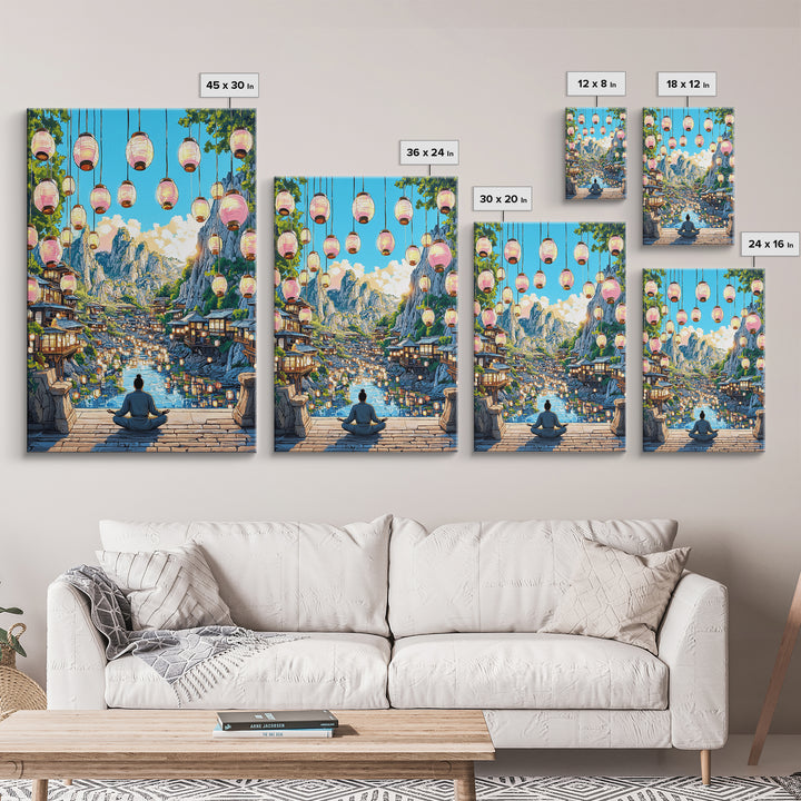Lantern Mountain Village Canvas Print, Japanese Fantasy Landscape Art, Glowing River Decor, Zen Living Room Wall Art Gift