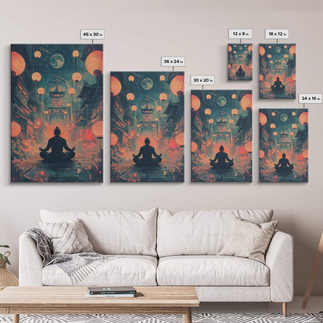 Moonlit Red Lantern Meditation Wall Art, Dark Japanese Fantasy Decor, Moody Zen Canvas Wall Art, Spiritual Room Print, Gift For Him