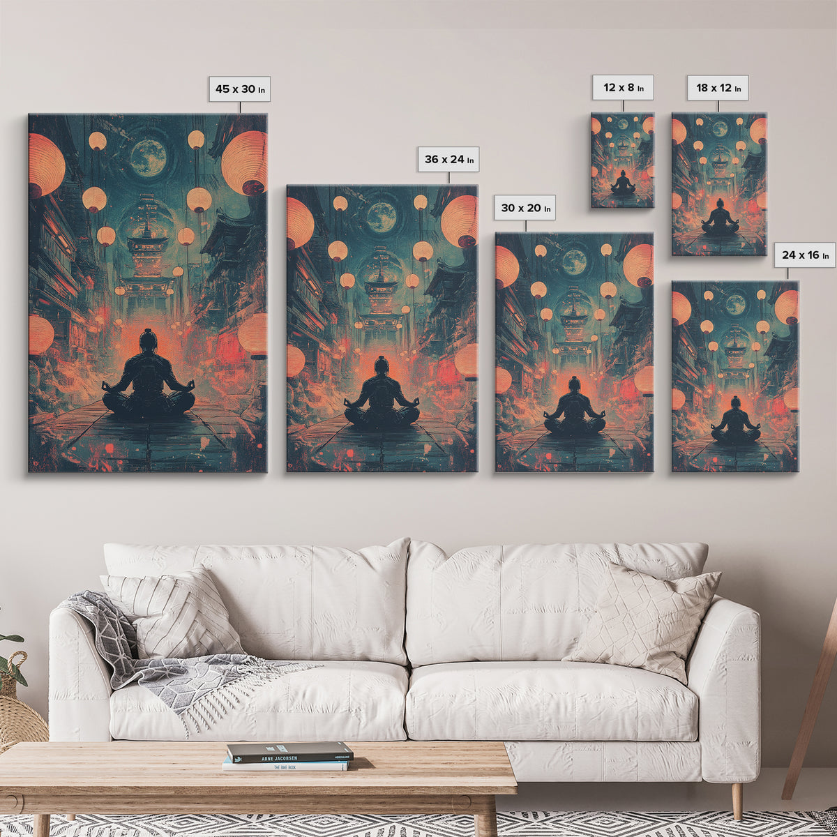 Moonlit Red Lantern Meditation Wall Art, Dark Japanese Fantasy Decor, Moody Zen Canvas Wall Art, Spiritual Room Print, Gift For Him