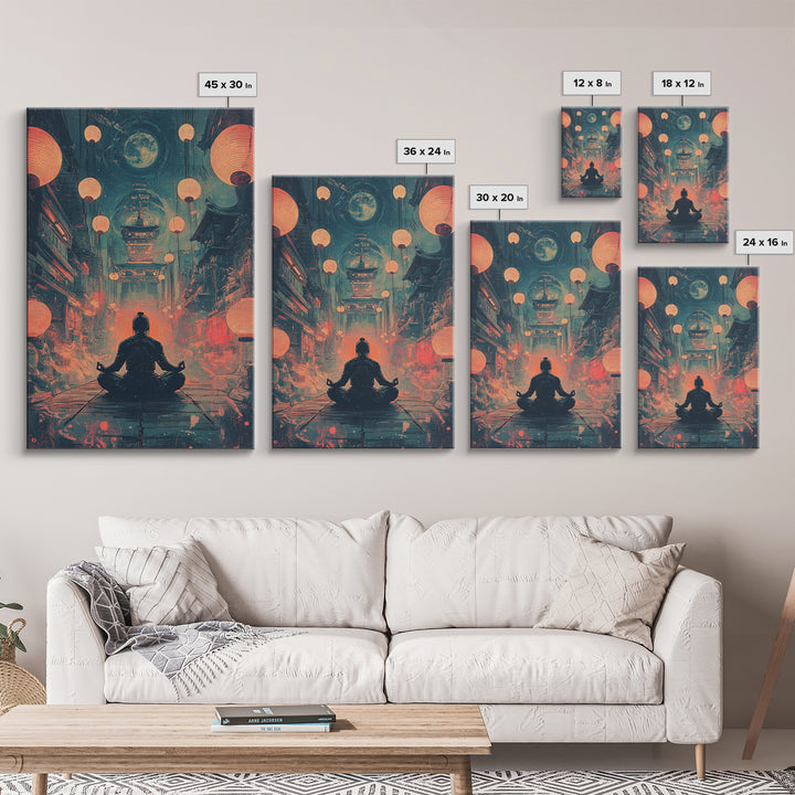 Moonlit Red Lantern Meditation Wall Art, Dark Japanese Fantasy Decor, Moody Zen Canvas Wall Art, Spiritual Room Print, Gift For Him
