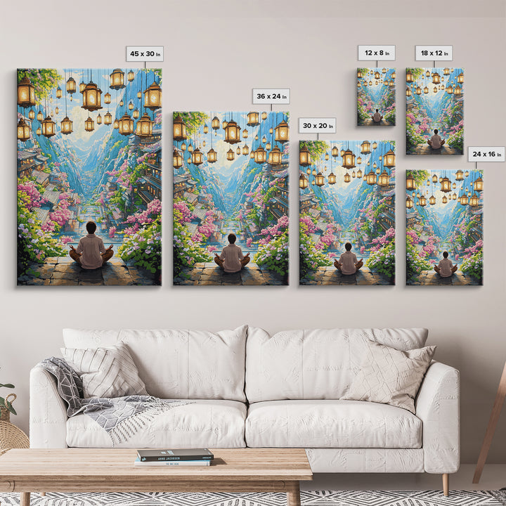 Hanging Lantern Valley Framed Canvas Print, Japanese Mountain Village Wall Decor, Floral Zen Landscape Living Room Art Gift
