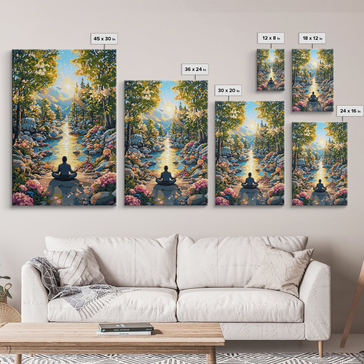 Golden Mountain River Meditation Canvas Print, Sunlit Nature Wall Art, Peaceful Zen Decor, Calming Living Room Art, Housewarming Gift
