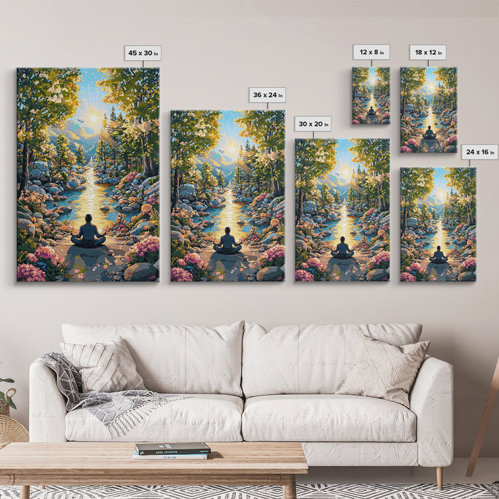 Golden Mountain River Meditation Canvas Print, Sunlit Nature Wall Art, Peaceful Zen Decor, Calming Living Room Art, Housewarming Gift