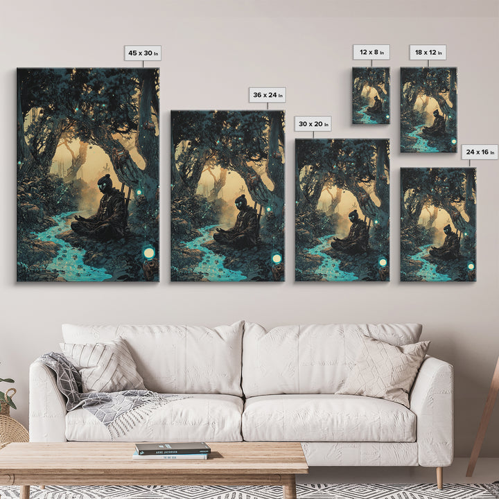 Meditating Samurai In Glowing Forest Stream Wall Art, Japanese Zen Decor, Fantasy Landscape Print, Moody Office Decor Gift