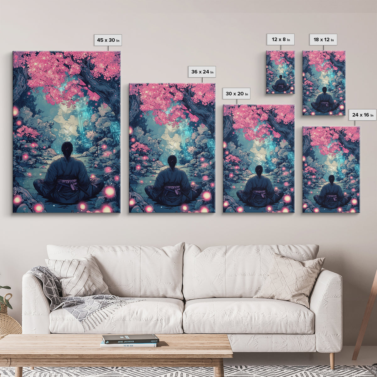 Mystical Samurai Under Pink Blossom Trees Wall Art, Japanese Fantasy Decor, Cyberpunk Zen Print, Moody Bedroom Wall Decor