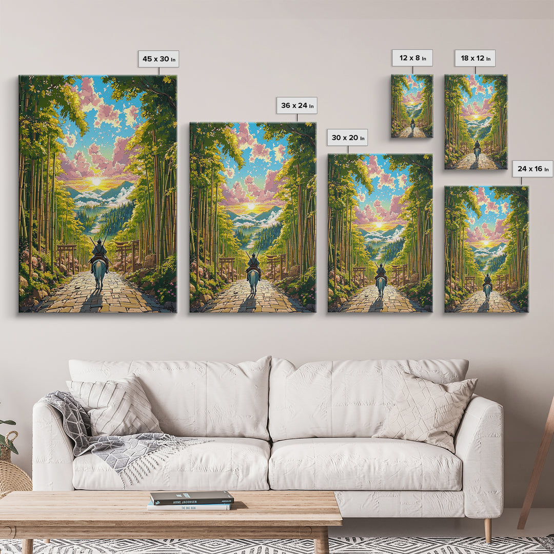 Samurai Rider On Bamboo Path At Sunset Framed Canvas Print, Japanese Landscape Wall Art, Zen Nature Home Decor, Gift For Her