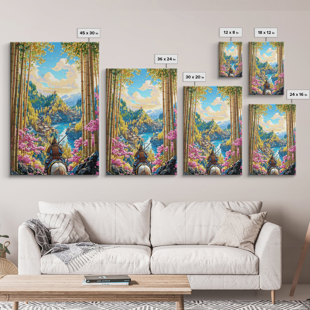 Armored Samurai Overlooking Lake City Framed Canvas Print, Japanese Bamboo Wall Art, Cherry Blossom Landscape, Home Decor