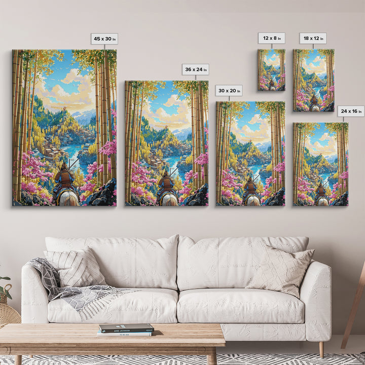 Armored Samurai Overlooking Lake City Framed Canvas Print, Japanese Bamboo Wall Art, Cherry Blossom Landscape, Home Decor