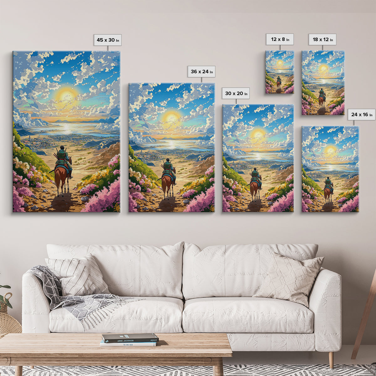 Samurai Rider Above Sunlit Ocean Valley Canvas Print, Japanese Landscape Wall Art, Coastal Mountain Decor, Colorful Print