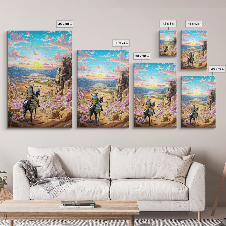 Armored Samurai Horse In Desert Canyon Sunrise Framed Canvas Print, Japanese Western Wall Art, Mountain Landscape Home Decor