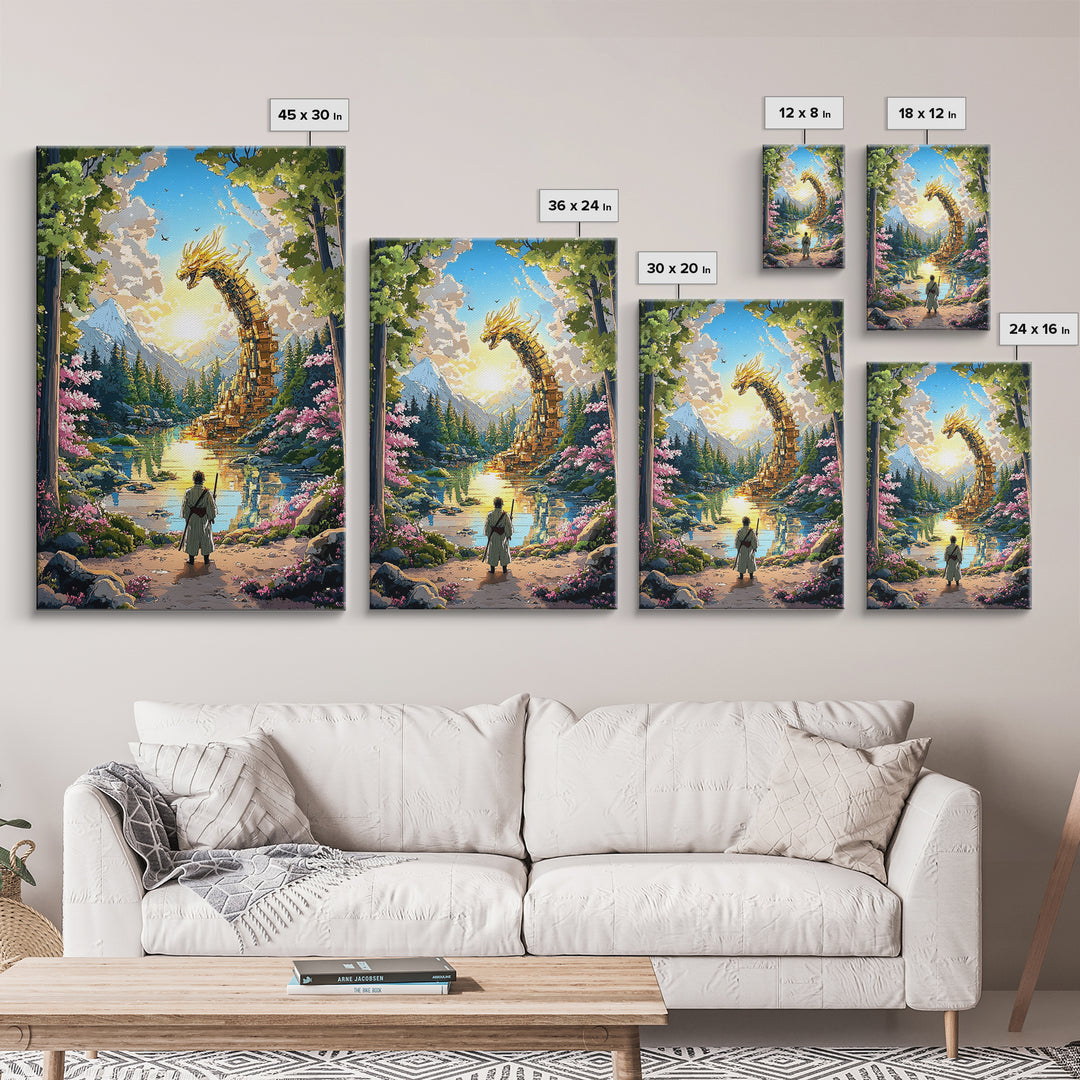 Golden Dragon Over Mountain Lake Canvas Print, Japanese Fantasy Art, Cherry Blossom Wall Decor, Samurai Living Room Art Print
