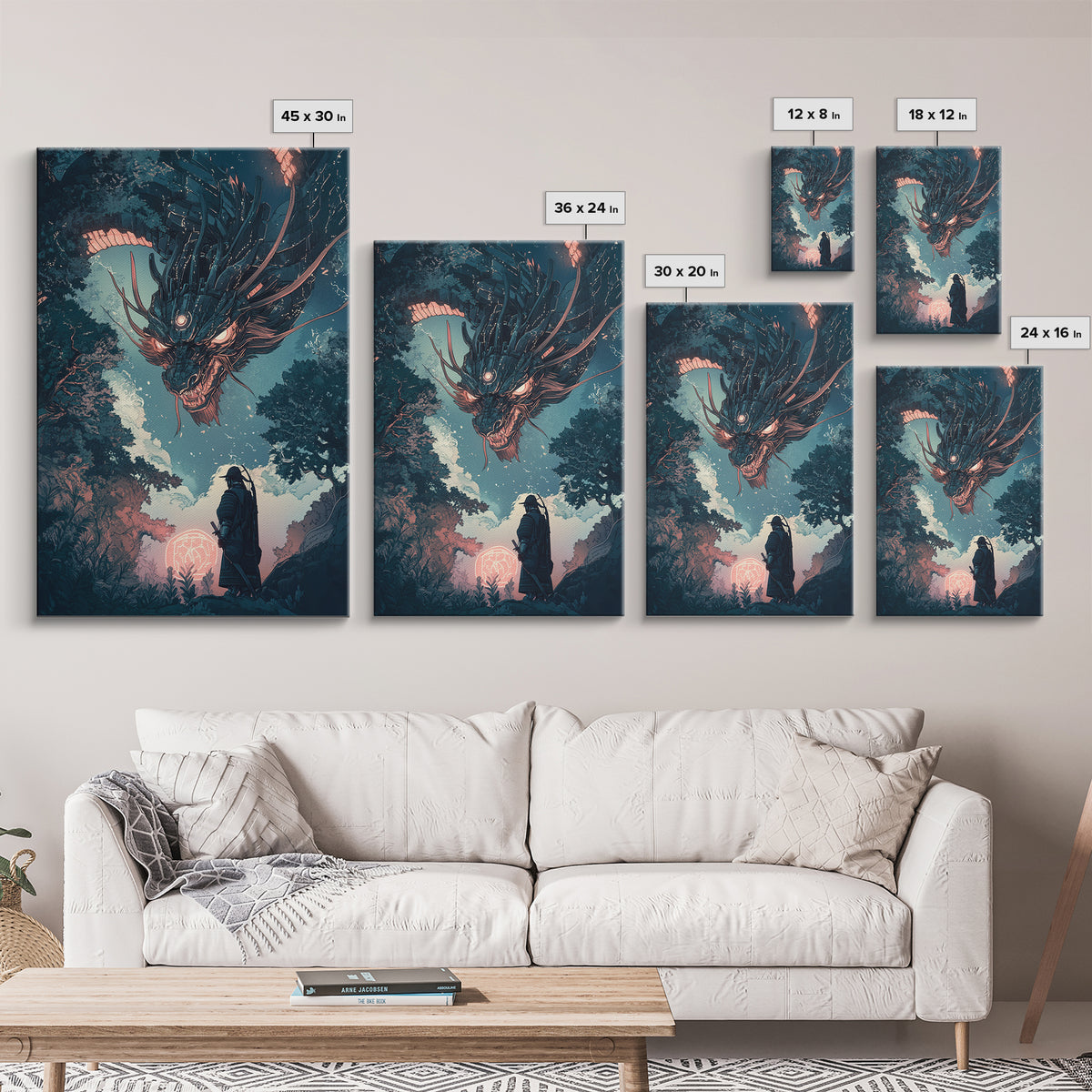 Dark Mechanical Dragon And Samurai Wall Art, Japanese Fantasy Poster, Cyberpunk Decor, Moody Sci Fi Living Room Art Print