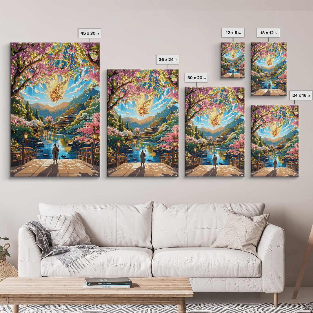 Glowing Dragon Above Cherry Blossom River Framed Canvas Print, Japanese Garden Wall Art, Colorful Fantasy Home Decor Print
