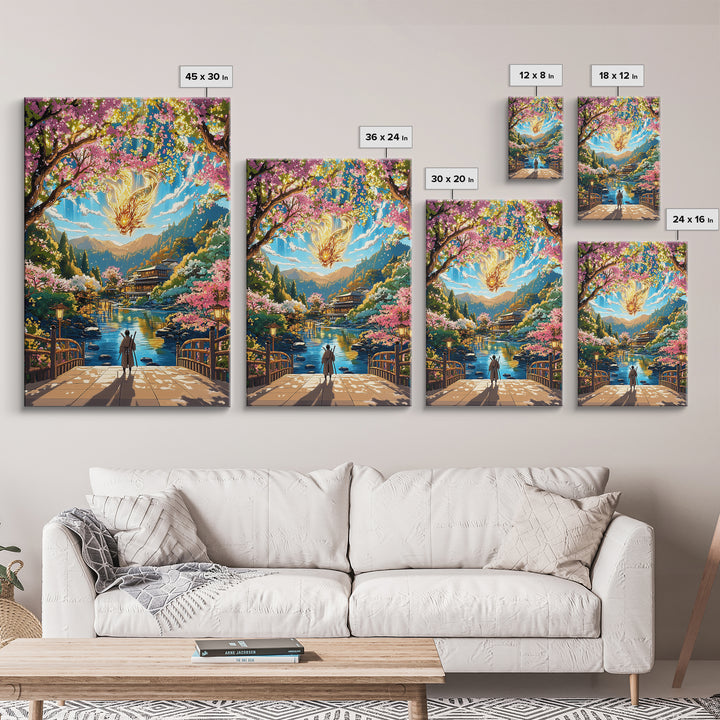 Glowing Dragon Above Cherry Blossom River Framed Canvas Print, Japanese Garden Wall Art, Colorful Fantasy Home Decor Print