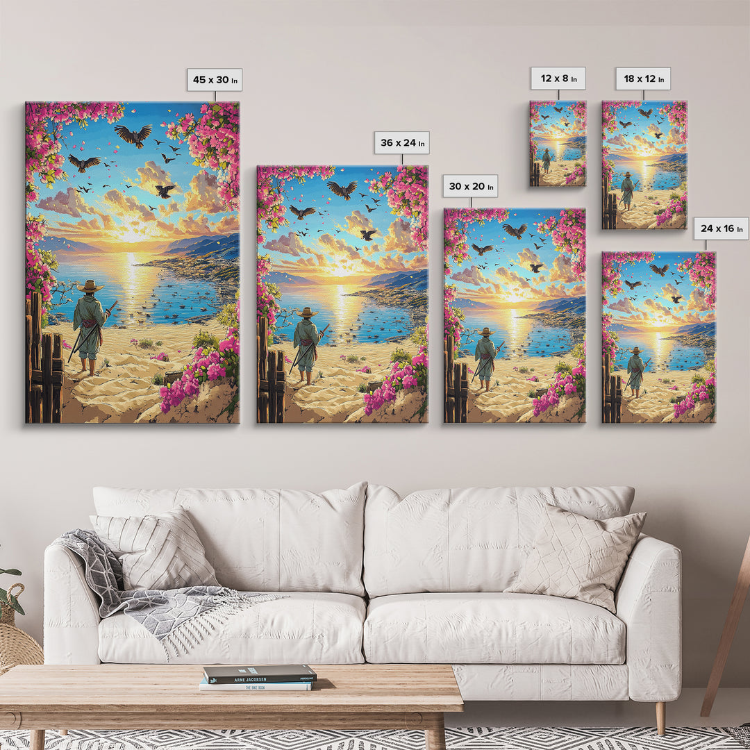 Samurai On Sunny Flower Framed Beach Canvas Print, Coastal Wall Art, Tropical Sunset Poster, Beach House Living Room Decor