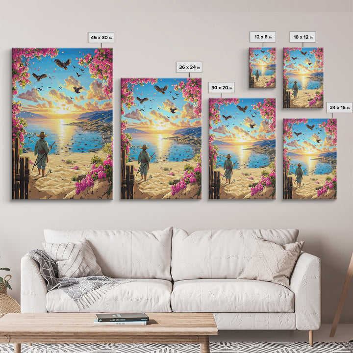 Samurai On Sunny Flower Framed Beach Canvas Print, Coastal Wall Art, Tropical Sunset Poster, Beach House Living Room Decor