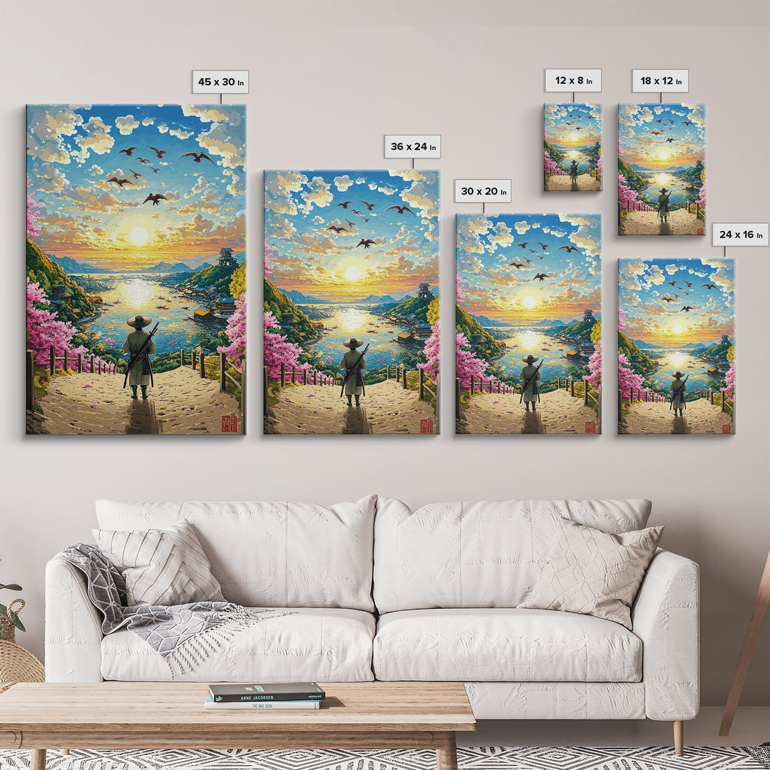Samurai Overlooking Golden Coastal Village Wall Art, Japanese Seascape Print, Cherry Blossom Decor, Serene Living Room Art