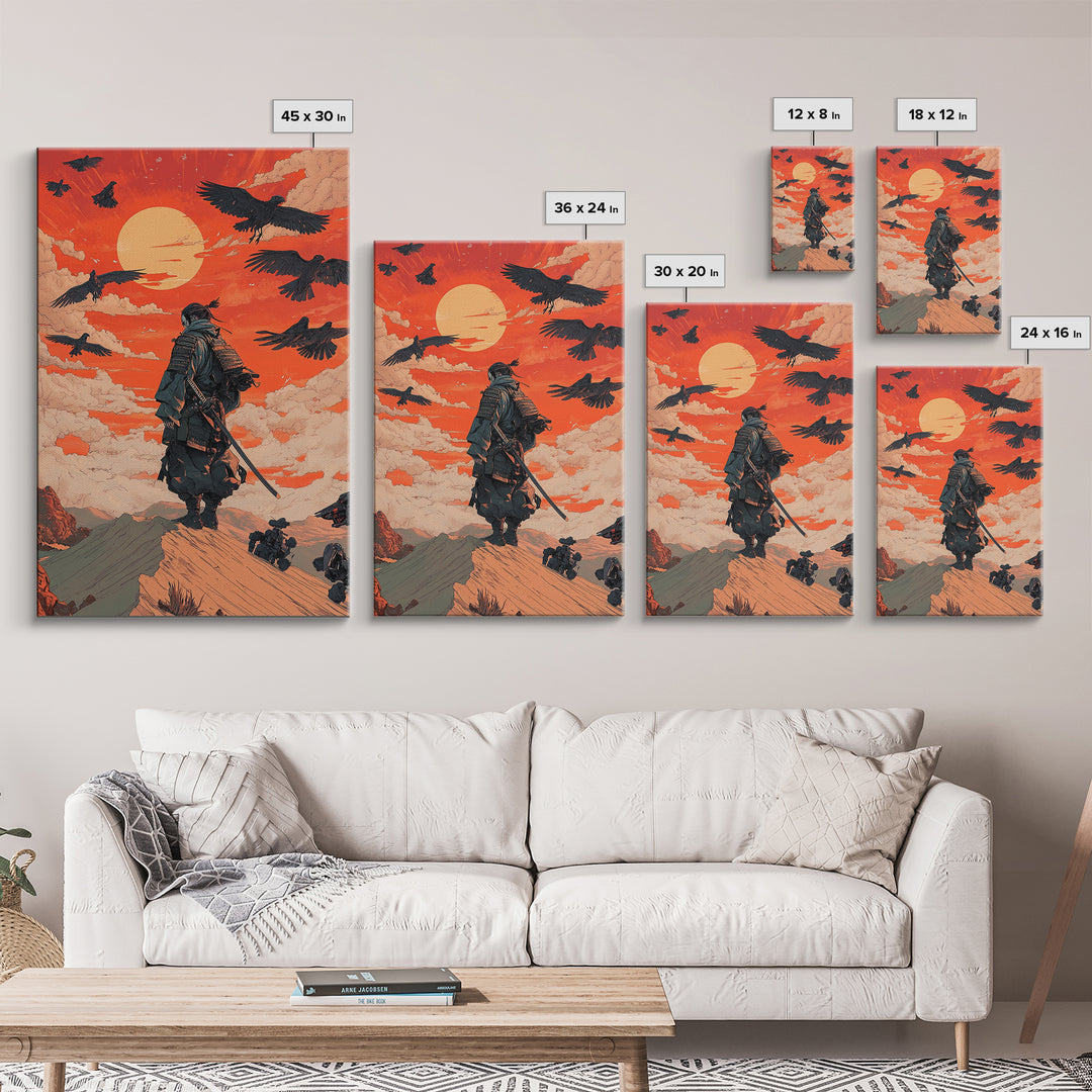 Armored Samurai Beneath Red Sunset And Ravens Canvas Print, Japanese Warrior Wall Art, Desert Fantasy Poster, Office Decor