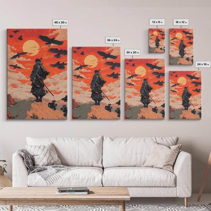 Armored Samurai Beneath Red Sunset And Ravens Canvas Print, Japanese Warrior Wall Art, Desert Fantasy Poster, Office Decor