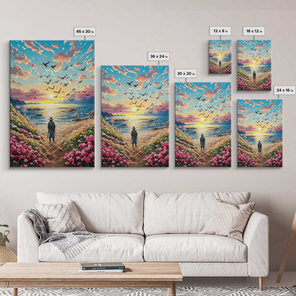 Lone Traveler On Wildflower Seaside Path Canvas Print, Coastal Sunset Wall Art, Ocean Landscape Decor, Beach House Print