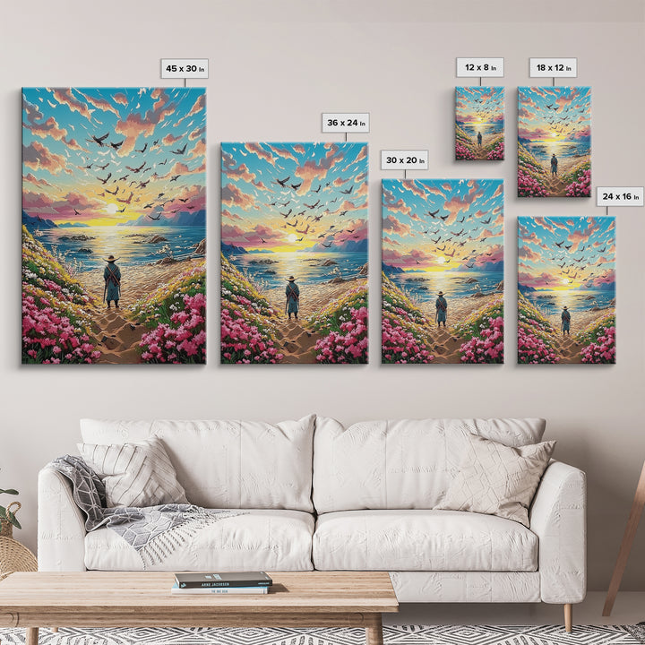 Lone Traveler On Wildflower Seaside Path Canvas Print, Coastal Sunset Wall Art, Ocean Landscape Decor, Beach House Print