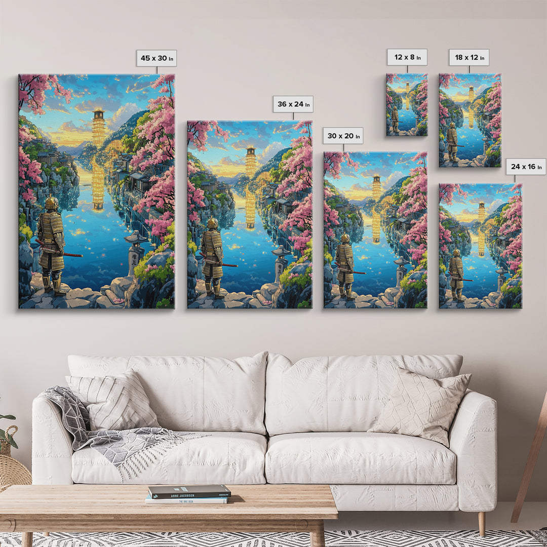 Samurai Overlooking Golden Pagoda Lake Wall Art, Japanese Cherry Blossom Canvas Print, Fantasy Landscape Home Decor Gift
