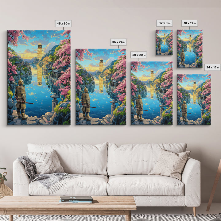 Samurai Overlooking Golden Pagoda Lake Wall Art, Japanese Cherry Blossom Canvas Print, Fantasy Landscape Home Decor Gift