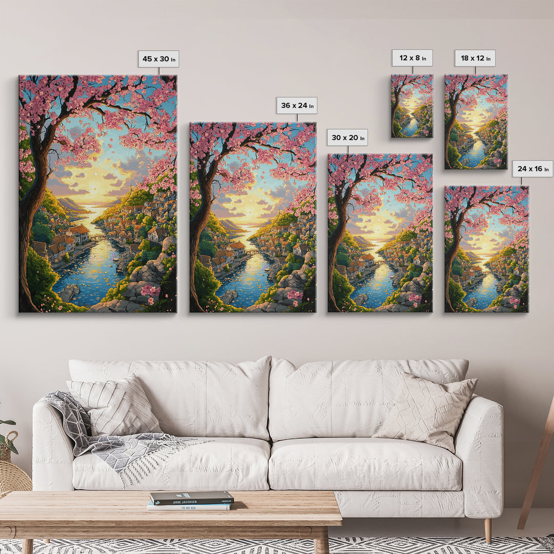 Cherry Blossom River Village Wall Art, Coastal Sunset Canvas Print, Japanese Landscape Art Print For Living Room Decor Gift