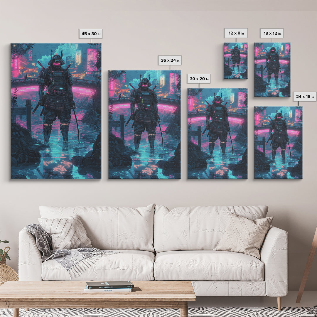 Neon Cyberpunk Samurai In Rain Wall Art, Futuristic City Canvas Print, Japanese Warrior Gaming Room Decor Gift For Him Poster