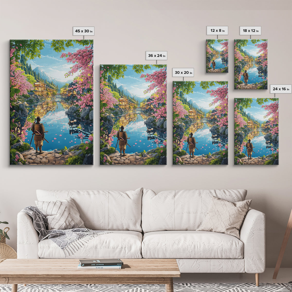 Samurai By Blossom Mountain Lake Wall Art, Japanese Village Framed Canvas Print, Serene Landscape Living Room Decor Gift
