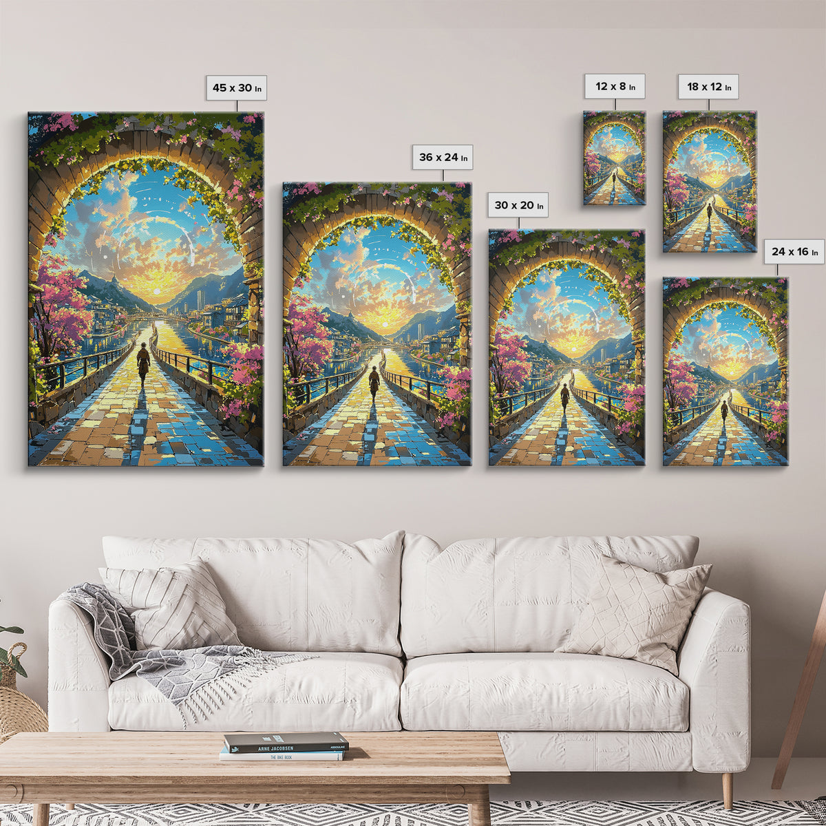 Sunlit Archway Over Canal Wall Art, Japanese Fantasy Canvas Print, Cherry Blossom Landscape Above Bed Decor Gift For Her