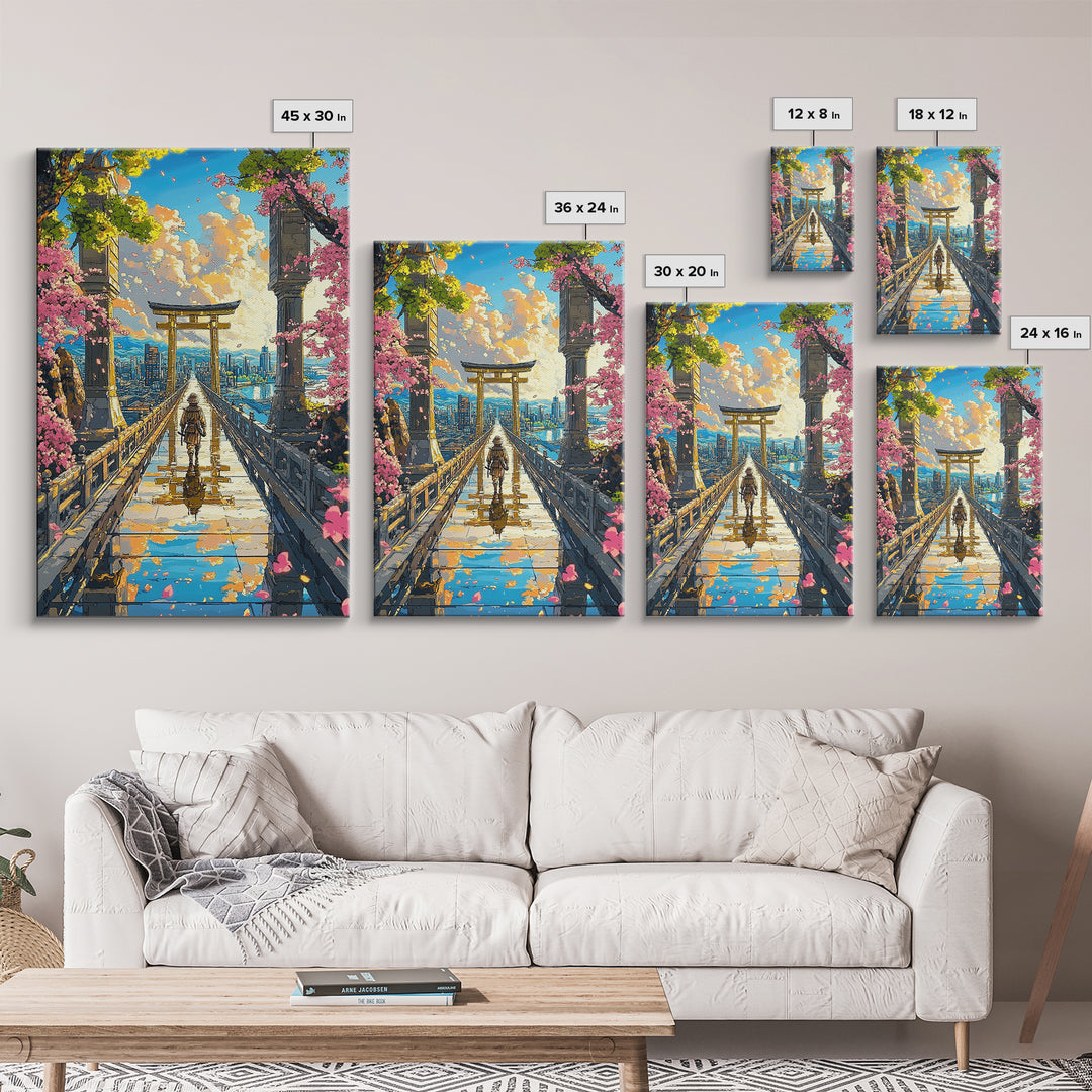 Samurai Crossing Torii Bridge Wall Art, Japanese Cherry Blossom Canvas Print, Scenic City Landscape Home Decor Gift For Her