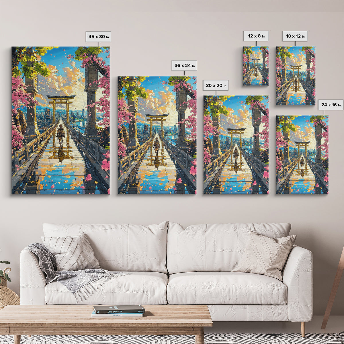 Samurai Crossing Torii Bridge Wall Art, Japanese Cherry Blossom Canvas Print, Scenic City Landscape Home Decor Gift For Her