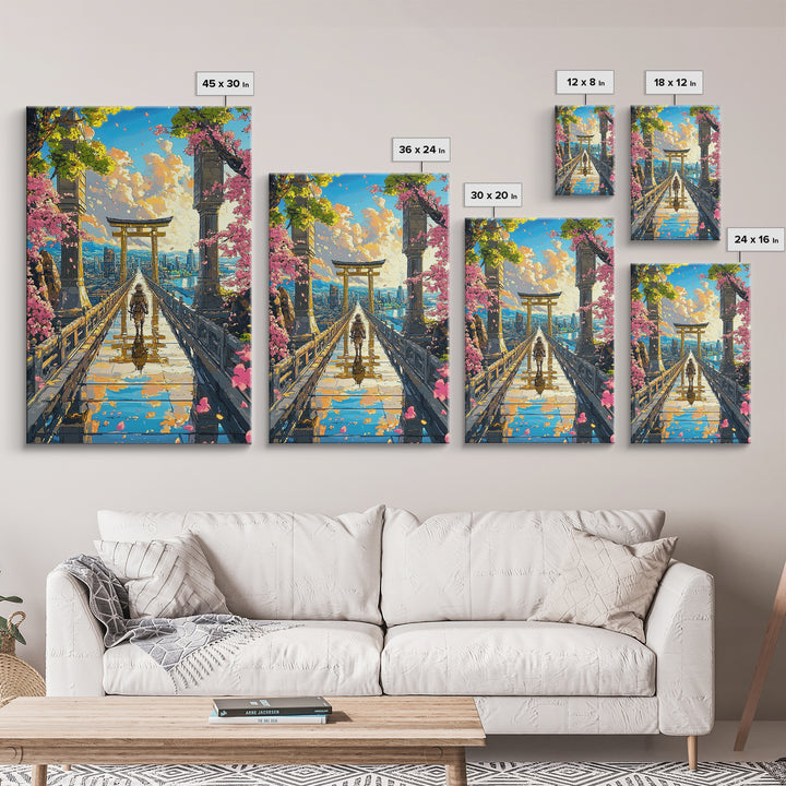 Samurai Crossing Torii Bridge Wall Art, Japanese Cherry Blossom Canvas Print, Scenic City Landscape Home Decor Gift For Her