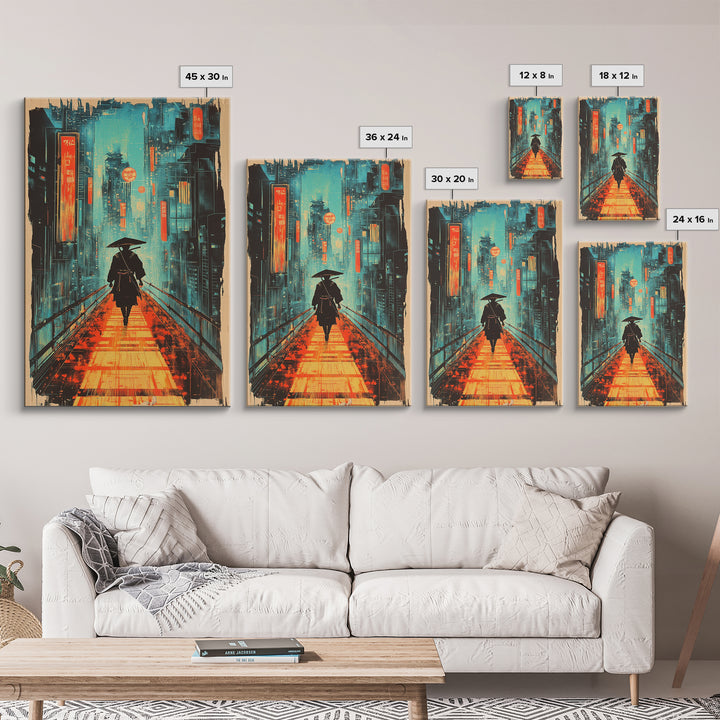 Lone Samurai With Umbrella Wall Art, Neon Cyberpunk City Canvas Print, Japanese Rainy Night Poster Home Office Decor Gift