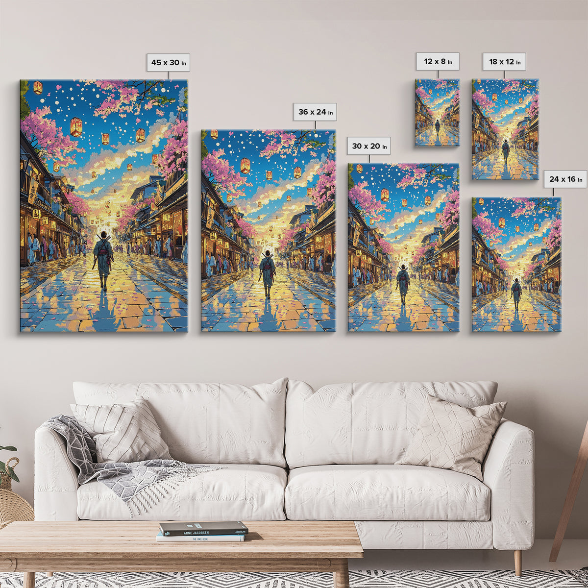 Samurai Lantern Festival Street Wall Art, Japanese Cherry Blossom Canvas Print, Colorful Anime Inspired Home Decor Gift Print