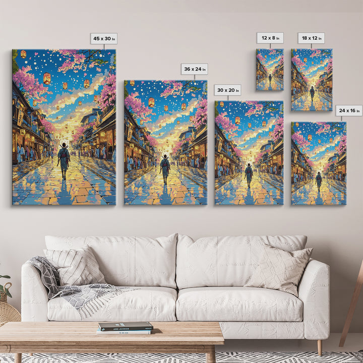 Samurai Lantern Festival Street Wall Art, Japanese Cherry Blossom Canvas Print, Colorful Anime Inspired Home Decor Gift Print