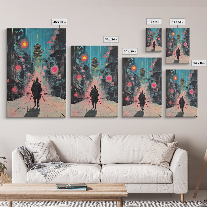 Moody Rain Samurai And Pagoda Wall Art, Japanese Cyberpunk Canvas Print, Dark Neon Cityscape Office Decor Gift For Him Poster