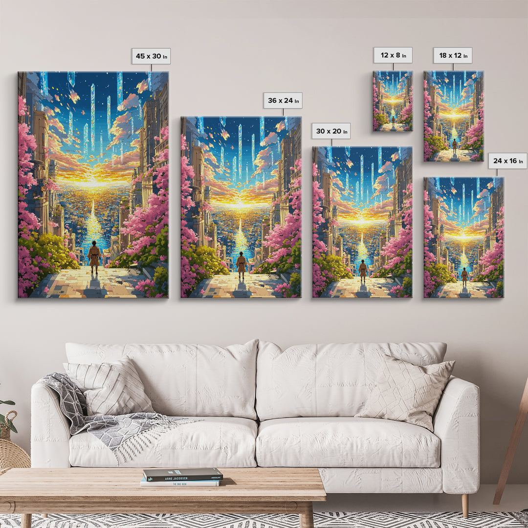 Futuristic City Sunset Vista Wall Art, Cherry Blossom Sci Fi Canvas Print, Vibrant Anime Landscape Living Room Decor Gift
