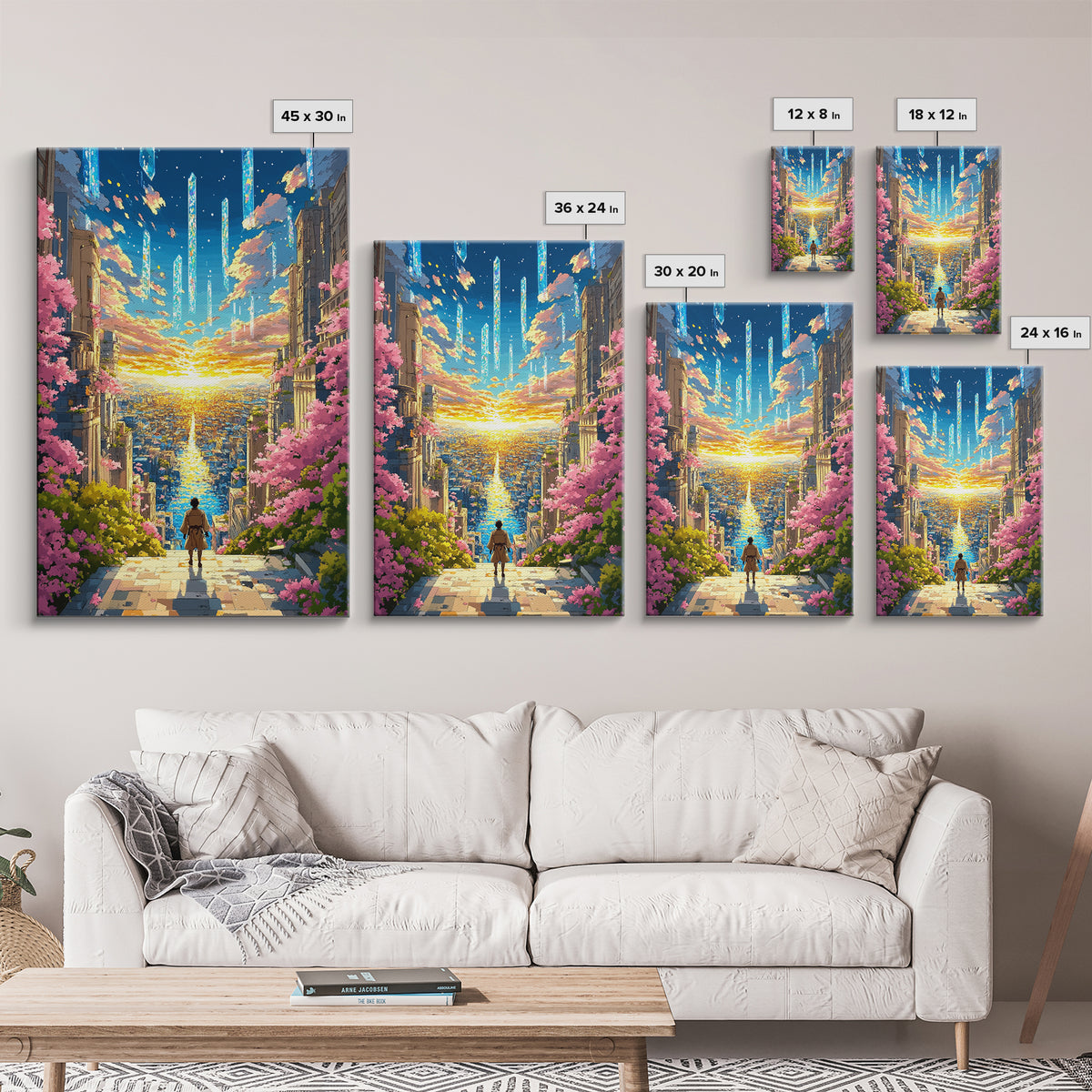 Futuristic City Sunset Vista Wall Art, Cherry Blossom Sci Fi Canvas Print, Vibrant Anime Landscape Living Room Decor Gift
