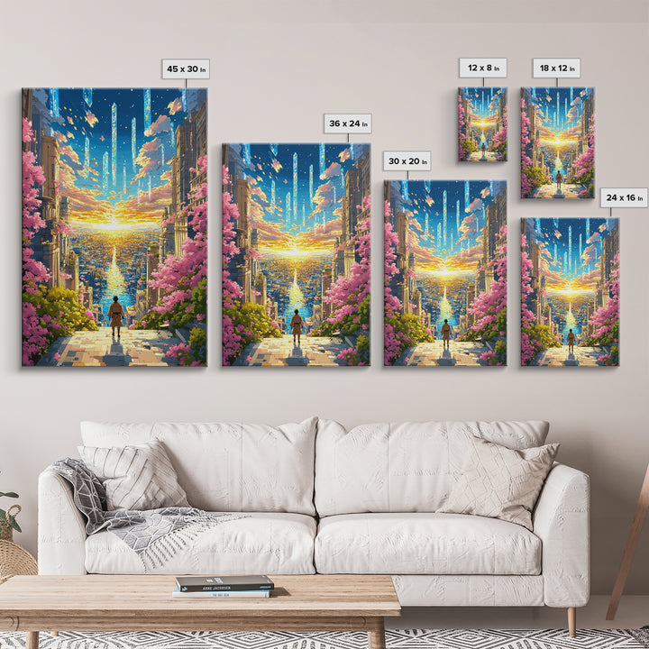 Futuristic City Sunset Vista Wall Art, Cherry Blossom Sci Fi Canvas Print, Vibrant Anime Landscape Living Room Decor Gift
