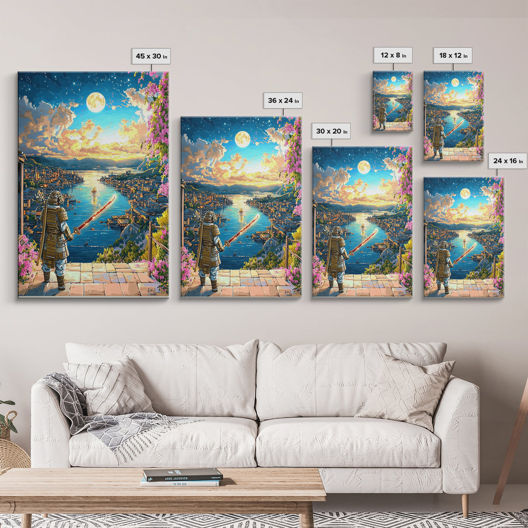 Moonlit Samurai Over Coastal Harbor Wall Art, Japanese Fantasy Landscape, Cherry Blossom Decor, Samurai Canvas, Gift For Him